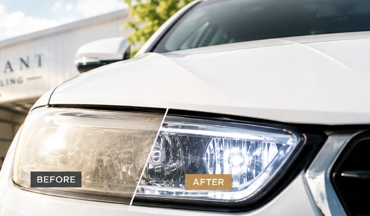 Before-and-after headlight restoration comparison showing a cloudy exterior lens beside a clearer lens