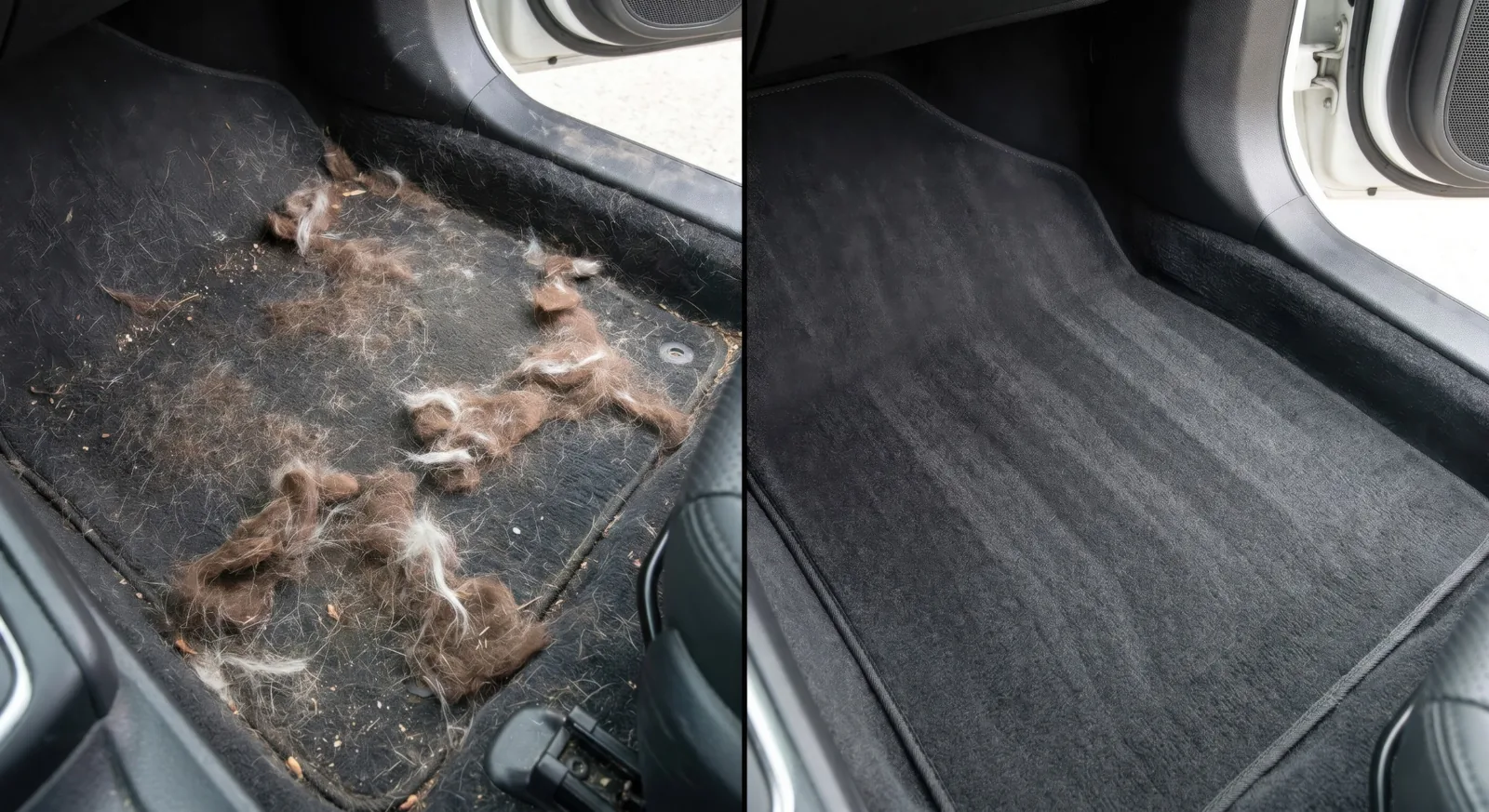 Before and after pet hair removal from vehicle carpet