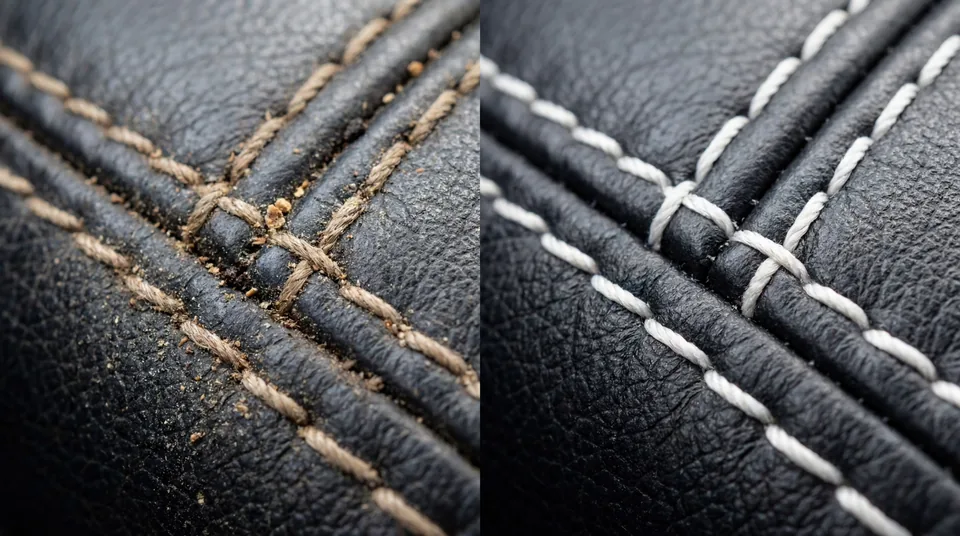 Before and after detailed vehicle seat stitching cleaning