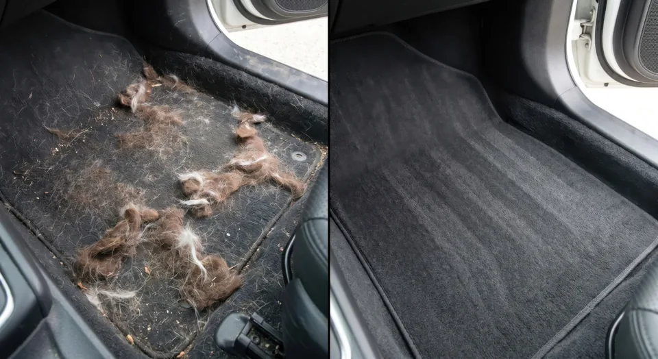 Before and after pet hair removal work
